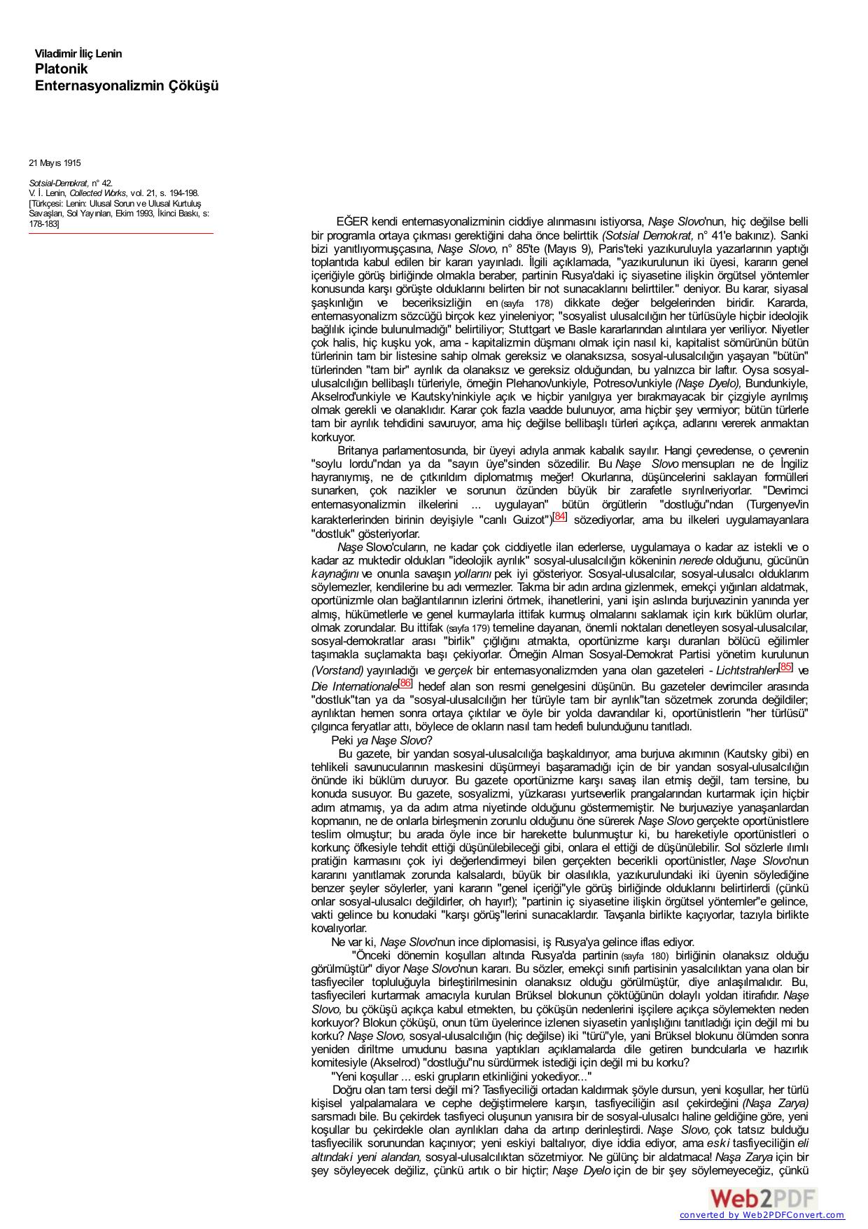 Lenin: Platonik Enternasyonalizmin Çöküşü
