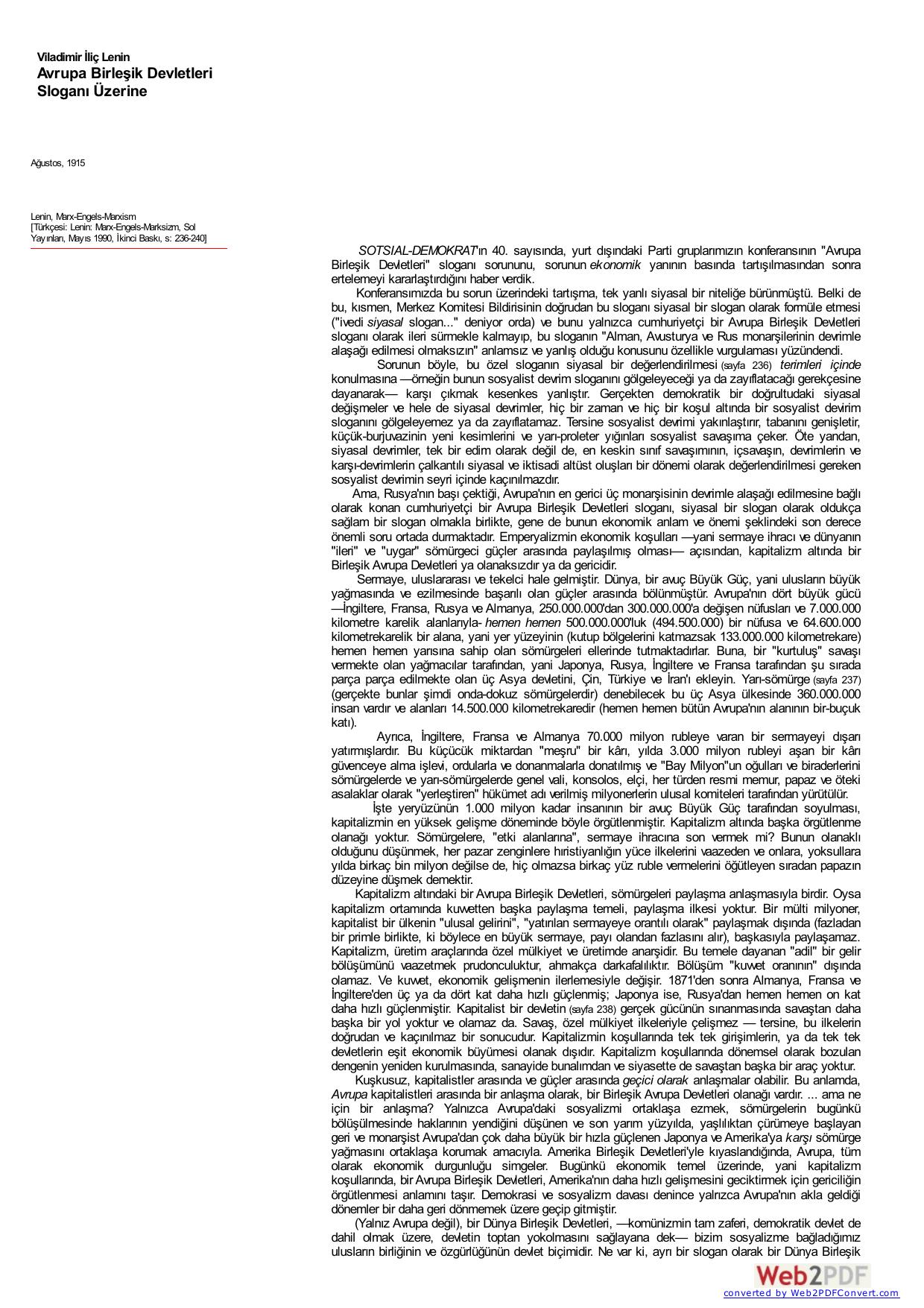 Lenin: Avrupa Birleşik Devletleri Sloganı Üzerine