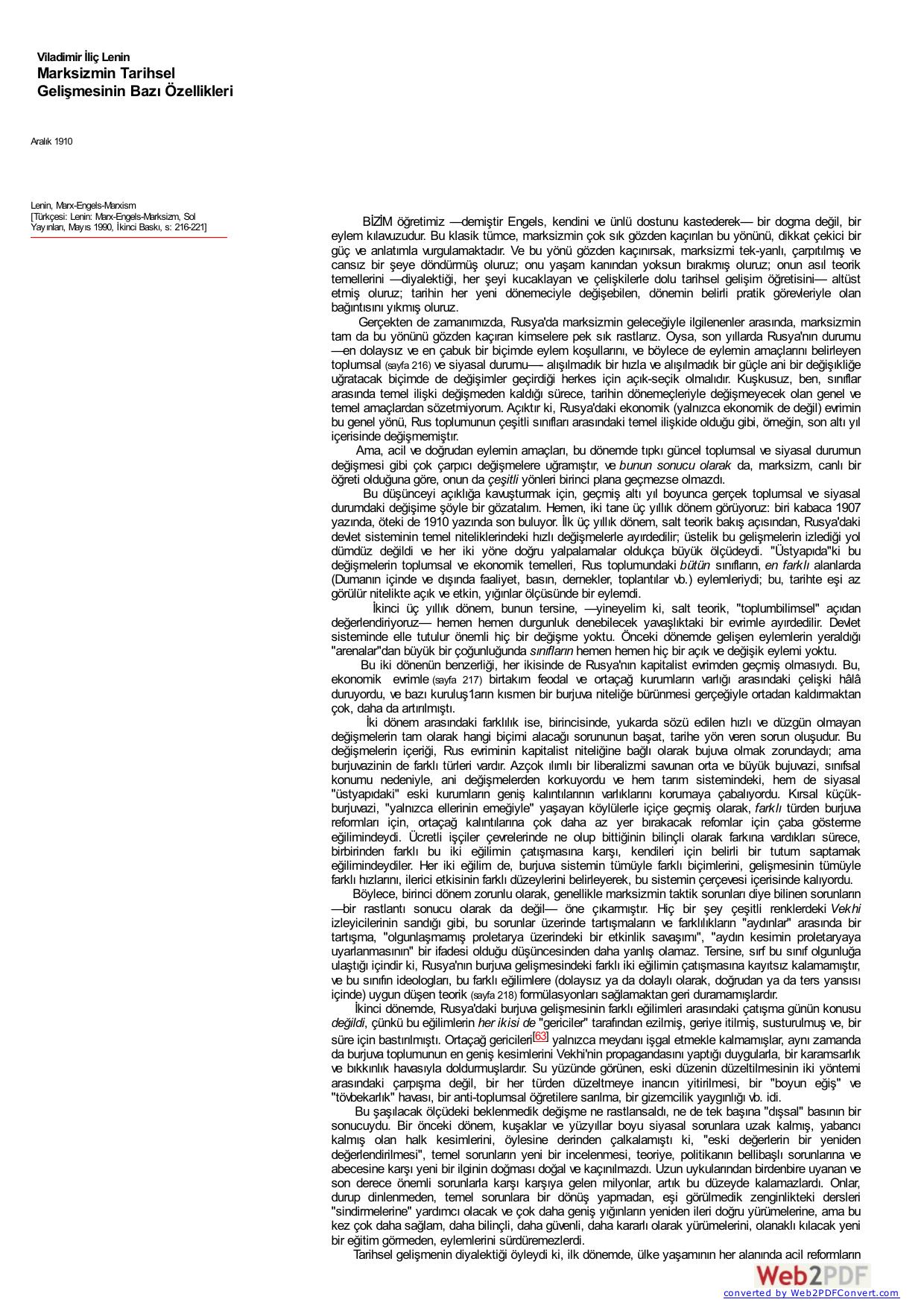 Lenin: Marksizmin Tarihsel Gelişmesinin Bazı Özellikleri