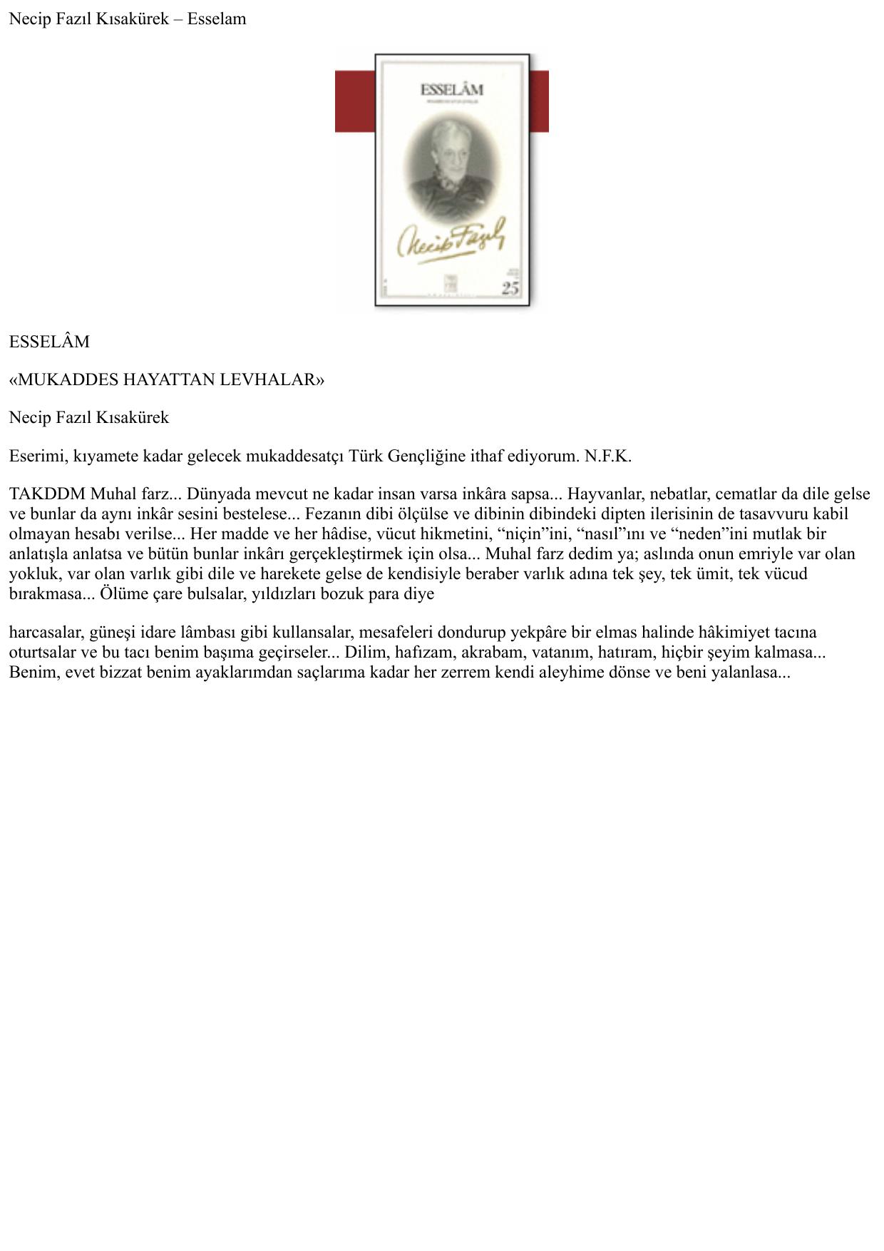 Necip Fazıl Kısak rek _ Esselam