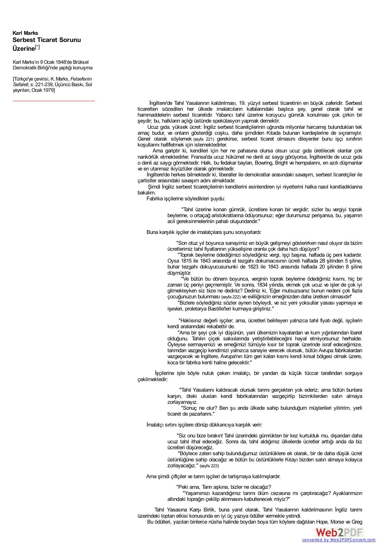 Marks: Serbest Ticaret Sorunu Üzerine