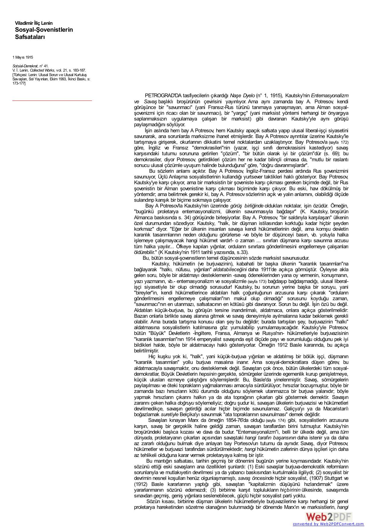 Lenin: Sosyal-Şovenistlerin Safsataları