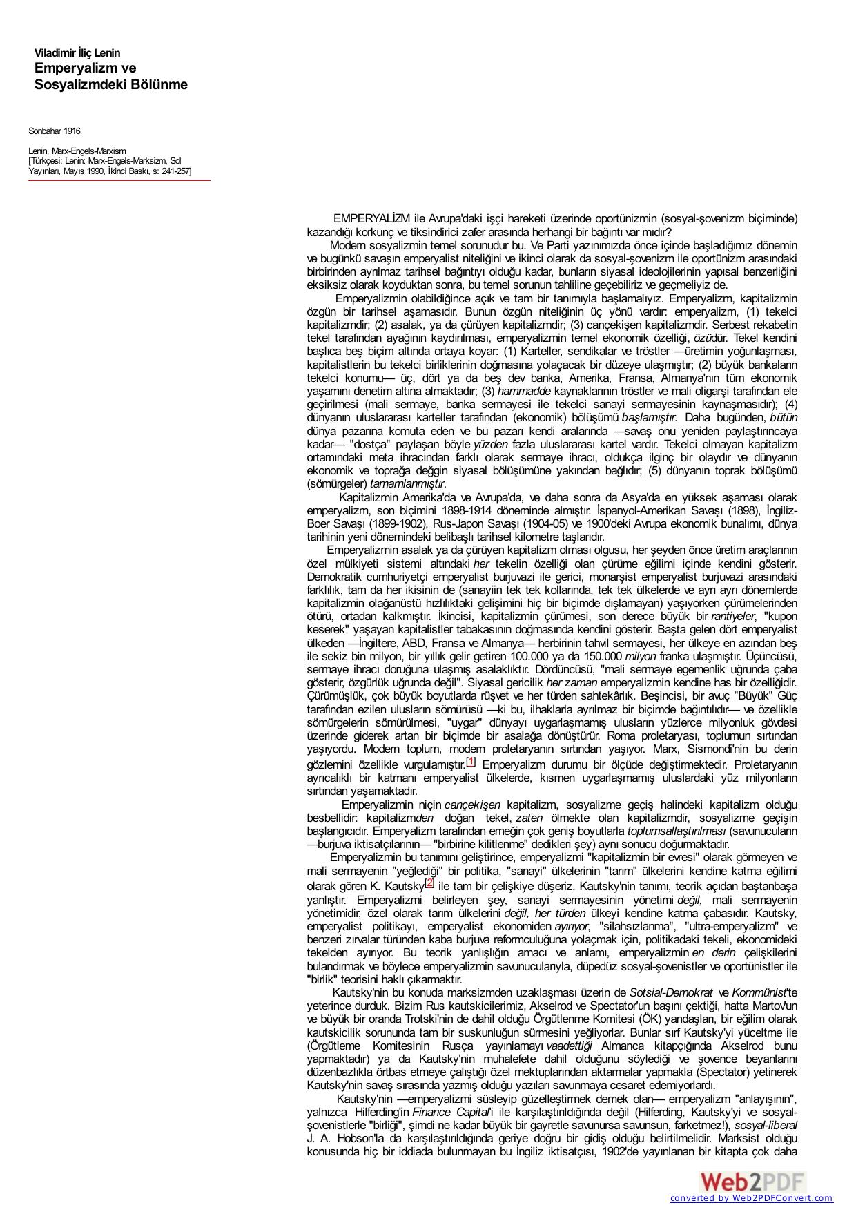 Lenin: Emperyalizm ve Sosyalizmdeki Bölünme