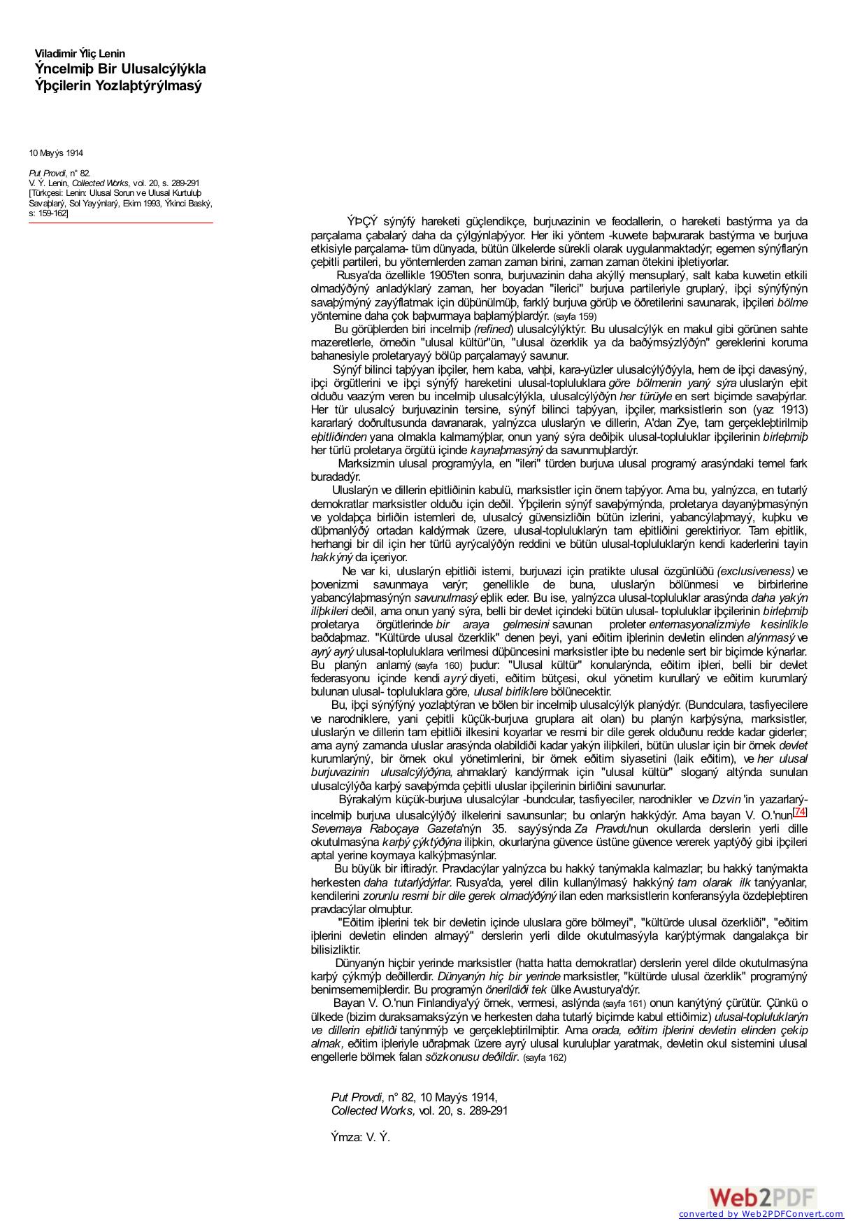 Lenin: Ýncelmiþ Bir Ulusalcýlýkla Ýþçilerin Yozlaþtýrýlmasý