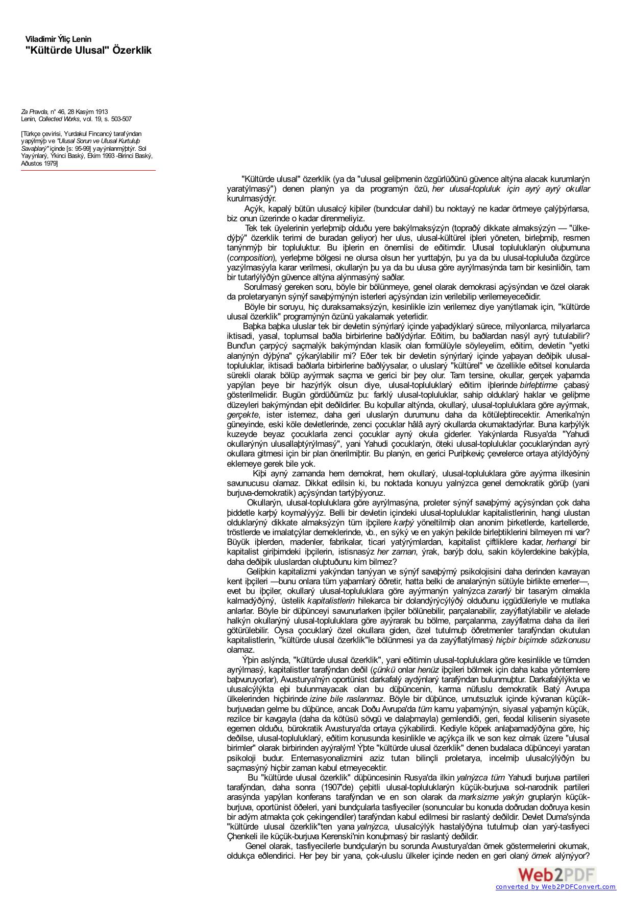 Lenin: "Kültürde Ulusal" Özerklik