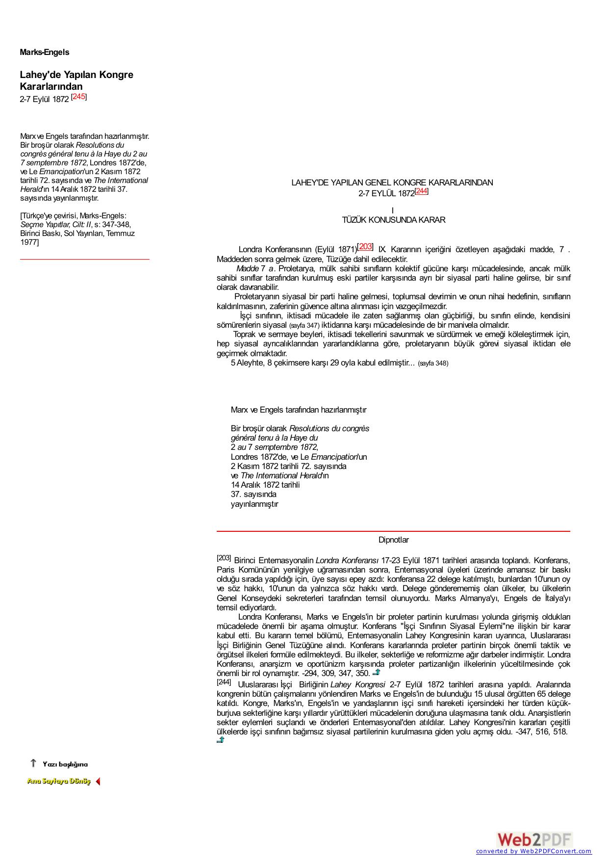 Marks-Engels: Lahey'de Yapılan Kongre Kararlarından