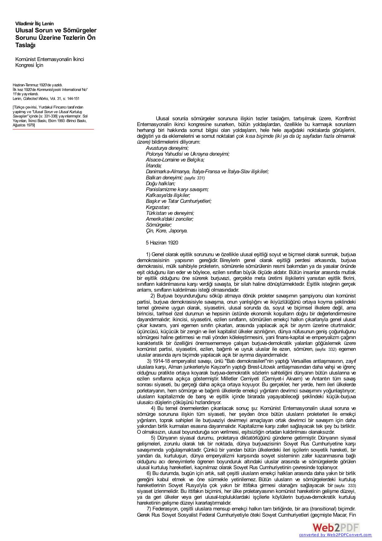 Lenin: Ulusal Sorun ve Sömürgeler Sorunu Üzerine Tezlerin Ön Taslağı