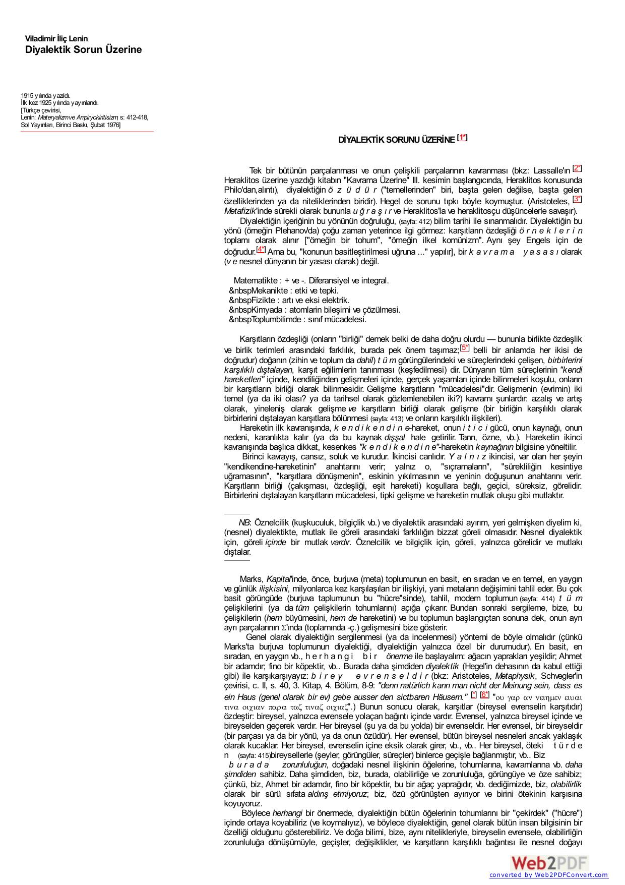 Lenin: Diyalektik Sorun Üzerine
