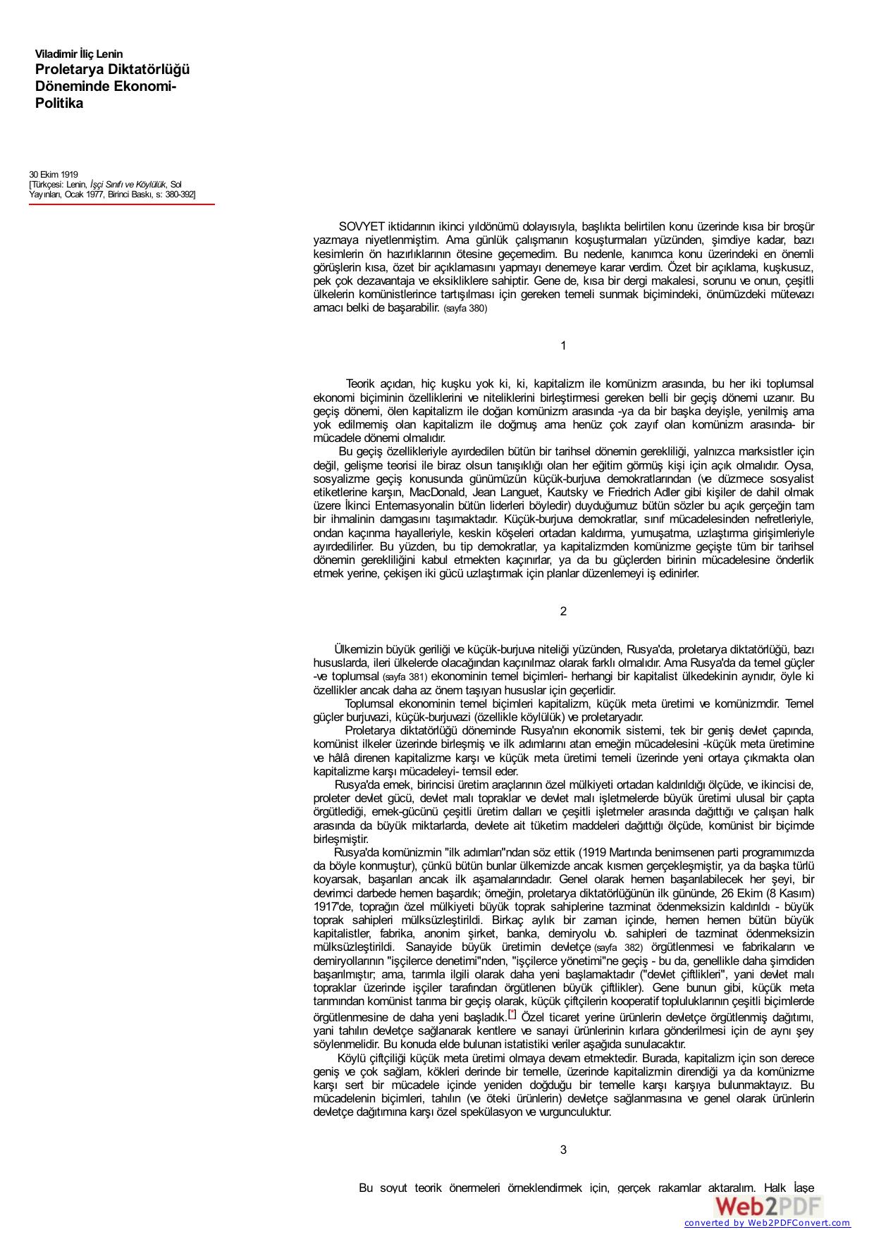 Lenin: Proletarya Diktatörlüğü Döneminde Ekonomi-Politika