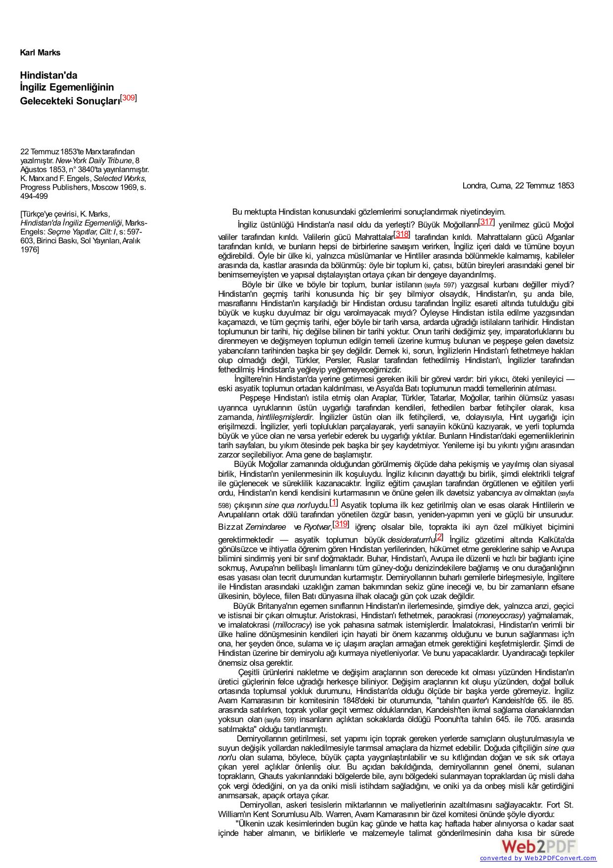 Marks: Hindistan'da İngiliz Egemenliğinin Gelecekteki Sonuçları