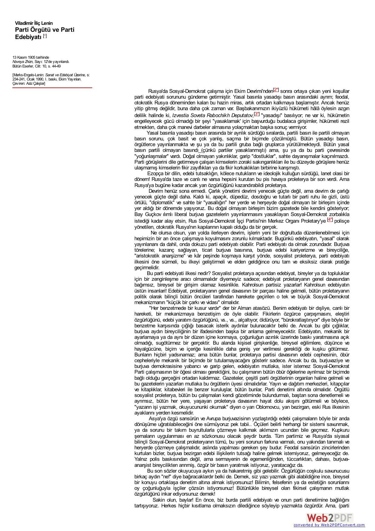 Lenin: Parti Örgütü ve Parti Edebiyatı
