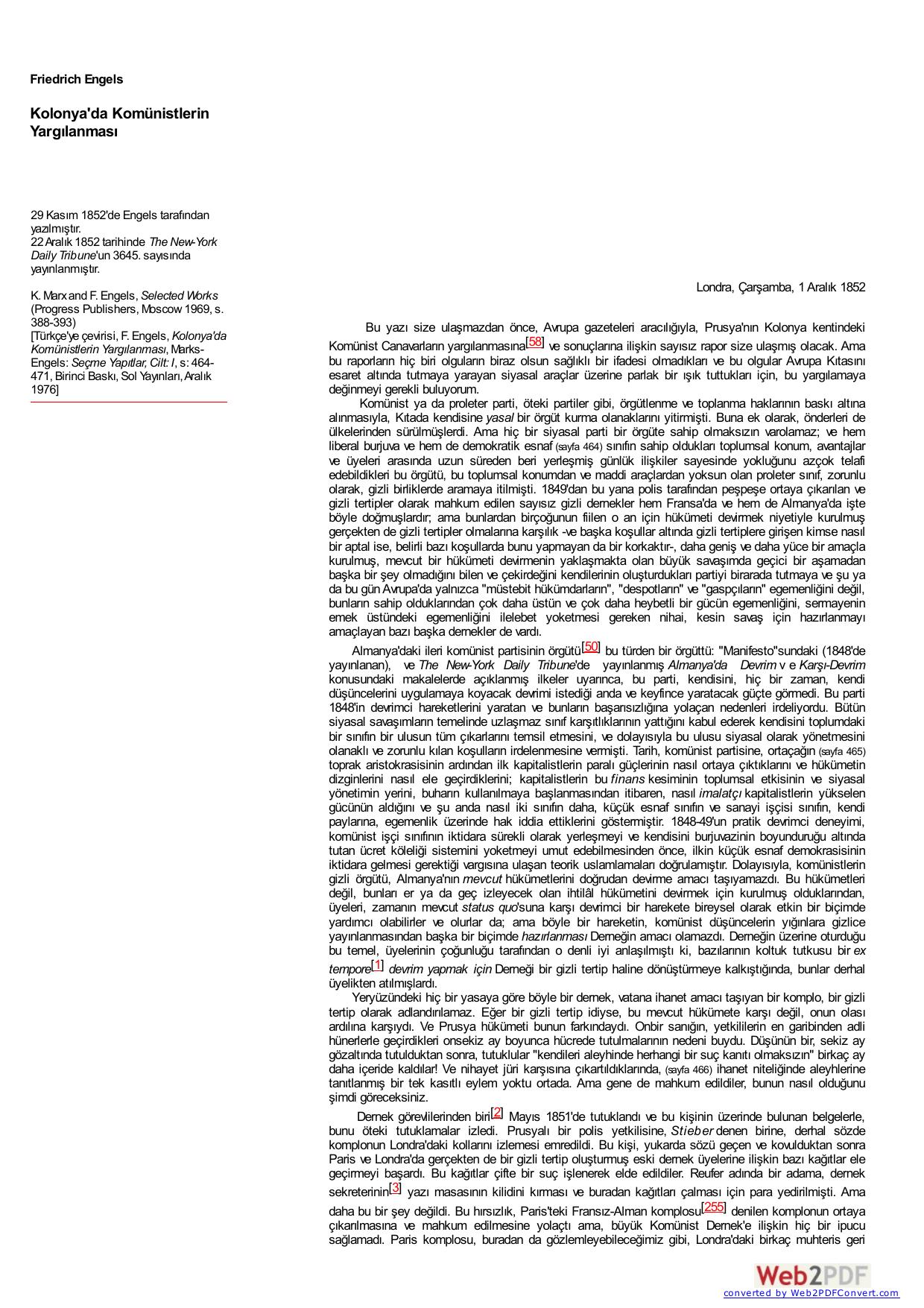 Engels: Kolonya'da Komünistlerin Yargılanması