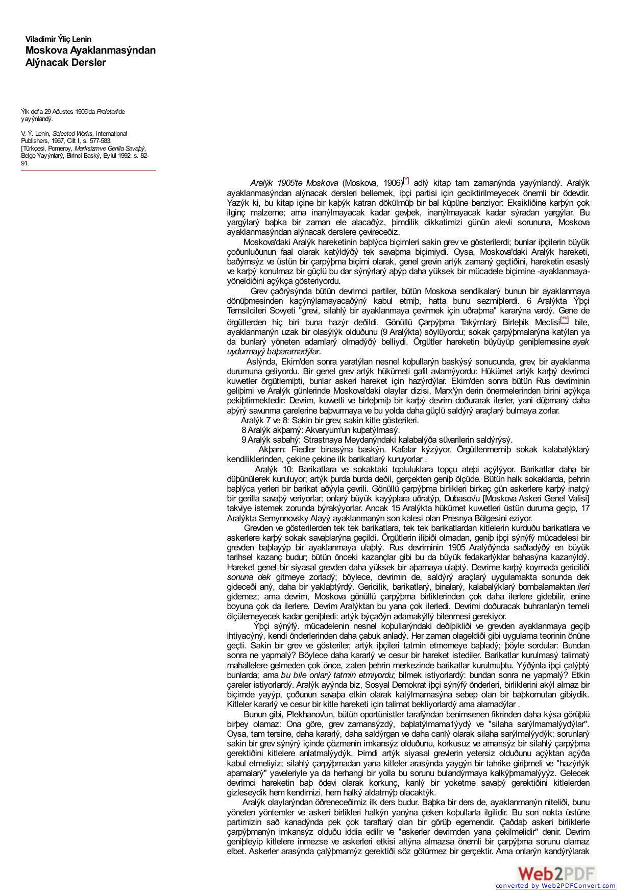 Lenin: Moskova Ayaklanmasýndan Alýnacak Dersler